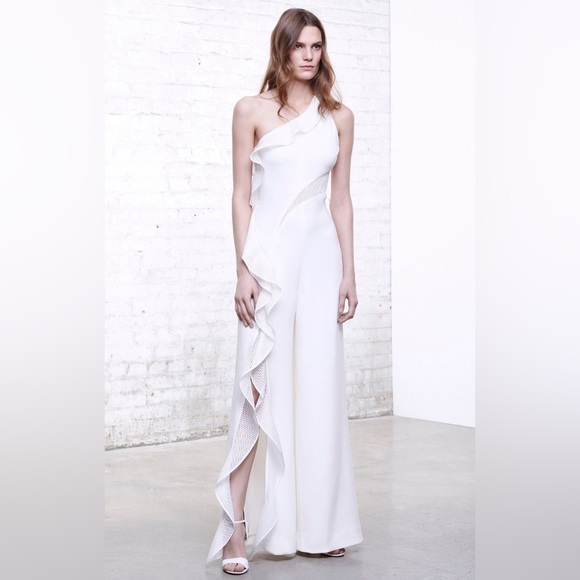Jonathan Simkhai Diamond Mesh One Shoulder Jumpsuit in White Size 10